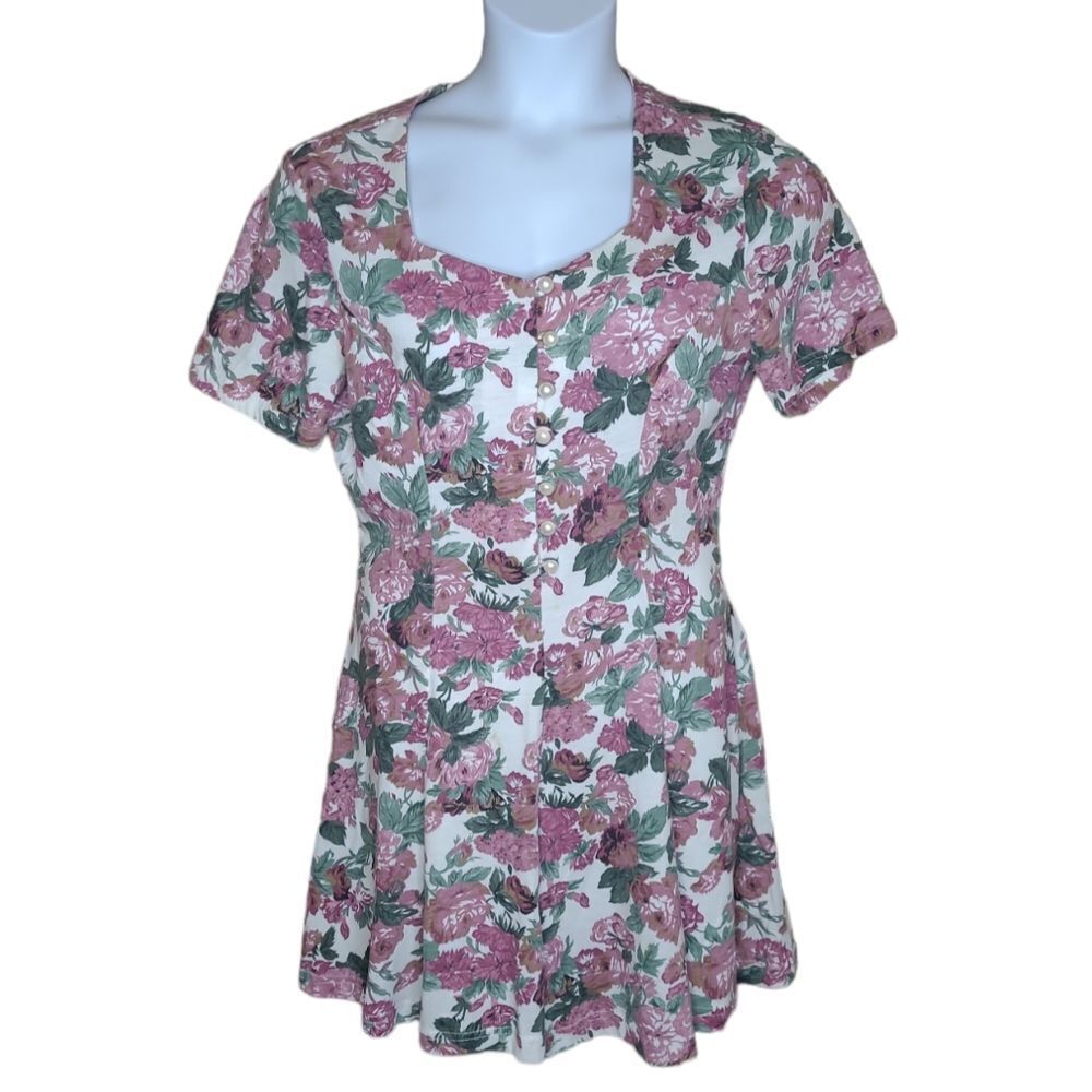 VINTAGE 90s floral cottagecore boho pearl button romper mini dress M